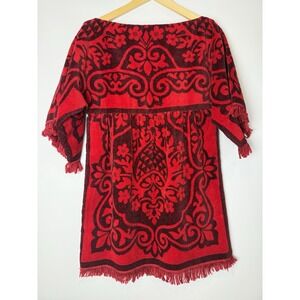 VTG Fieldcrest‎ Sz M Towel Mini Dress Red & Burgundy Damask Pattern Fringe RARE
